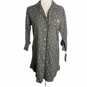 Olsenboyle Bird Print Sleep Shirt M Grey Button Front Pocket Long Sleeve Pajama